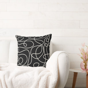 Doodle Line Art Pattern Cream on Black Cushion