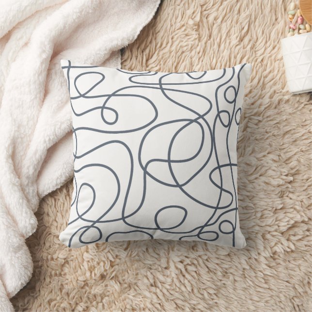 Doodle Line Art Pattern | Dark Blue-Grey on White Cushion (Blanket)
