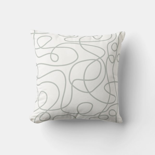 Doodle Line Art Pattern | Light GrayGreen on White Cushion (Front)