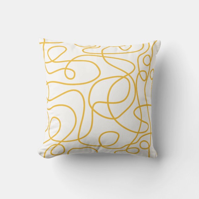 Doodle Line Art Pattern | Mustard Yellow on White Cushion (Front)