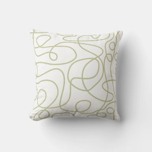 Doodle Line Art Pattern Pale Pistachio on White Cushion