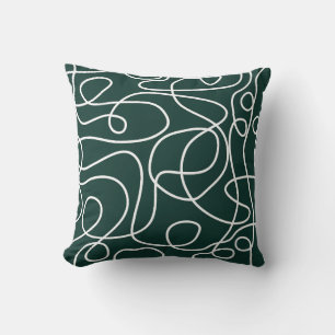 Doodle Line Art Pattern   White on Dark Emerald Cushion