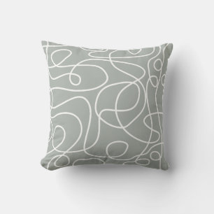 Doodle Line Art Pattern White on Mid Grey Green Cushion