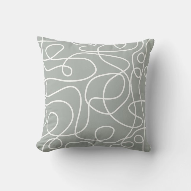 Doodle Line Art Pattern | White on Mid Grey Green Cushion (Front)