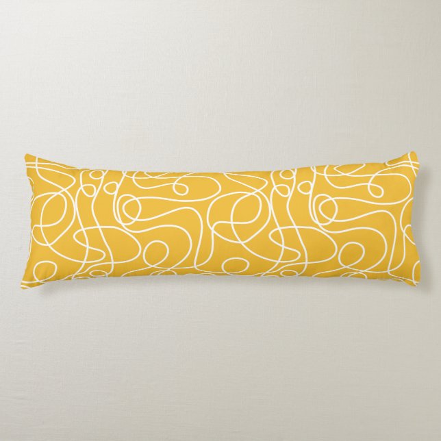 Doodle Line Art Pattern | White on Mustard Yellow Body Cushion (Front)