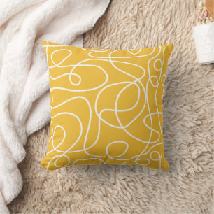 Doodle Line Art Pattern   White on Mustard Yellow Cushion