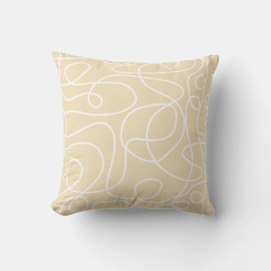 Doodle Line Art Pattern White on Soft Yellow Cushion