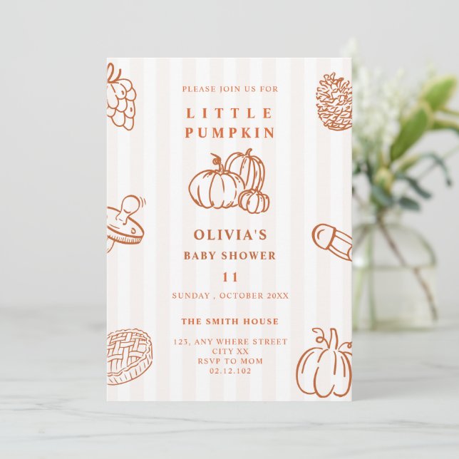 doodle little pumpkin fall baby shower invitation (Standing Front)