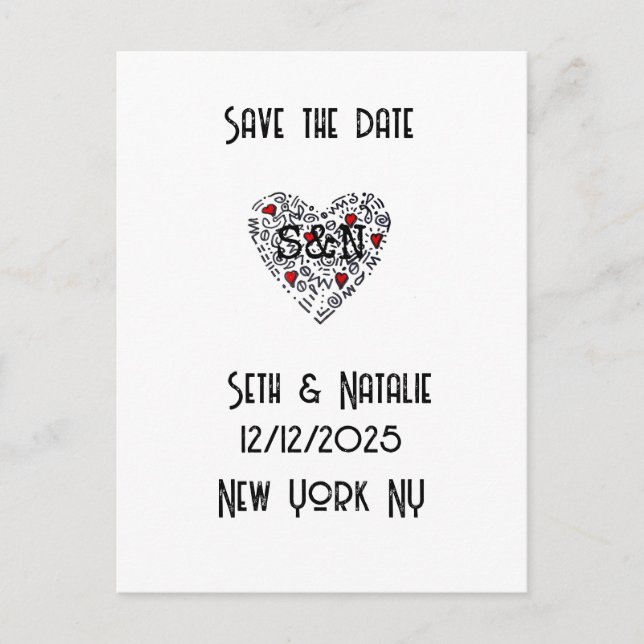 doodle love heart wedding save the date postcard (Front)