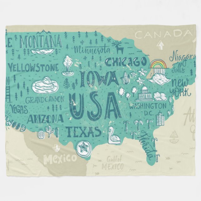 Doodle Map Of USA Fleece Blanket (Front (Horizontal))
