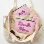 Doodle Mom Pink Hearts Personalized Name Accessory Pouch<br><div class="desc">This vibrant accessory pouch showcases a "Doodle Mom" design with heart-patterned typography on a pastel pink background. The front is accented with whimsical stars, while the back can be personalized with your dog's name or your name. It provides a stylish way for any Doodle Mom to keep small essentials or...</div>