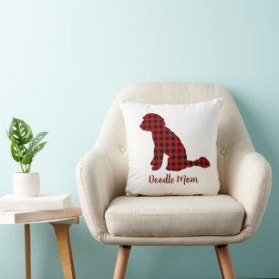 Doodle Mum Labradoodle In Buffalo Check Plaid  Cushion