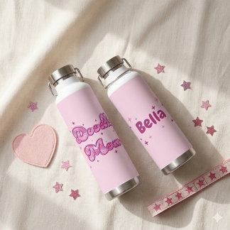 Doodle Mum Pink Hearts Personalised Name Water Bottle