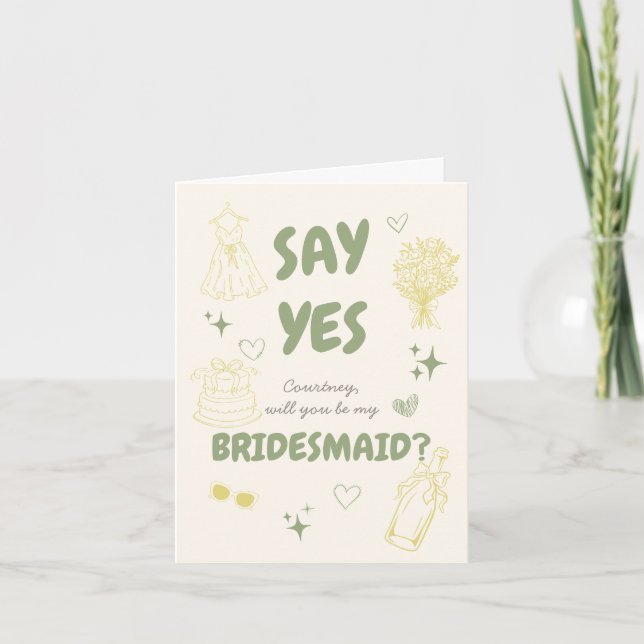 Doodle Olive + Yellow Bridesmaid Proposal Card (Front)