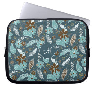 doodle paisley feather flowery boho  pattern teal laptop sleeve
