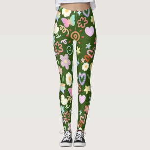 Doodle  pattern pastel shade D Green BG Leggings