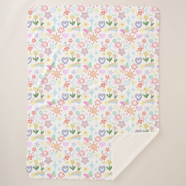Doodle  pattern pastel shade sherpa blanket (Front)