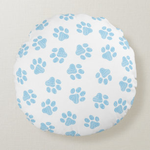 Doodle Paws, Dog Paws, Baby Blue Paws Round Cushion