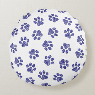 Doodle Paws, Dog Paws, Navy Blue Paws Round Cushion