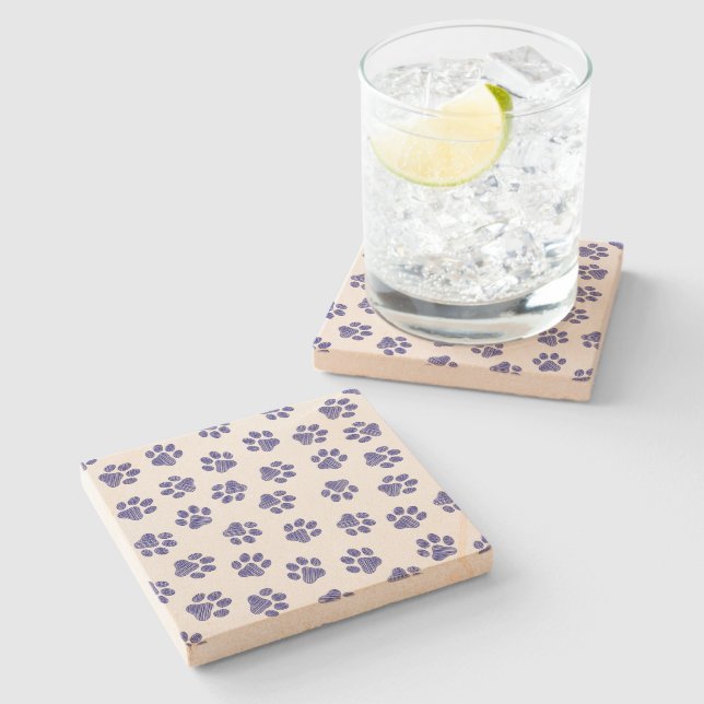 Doodle Paws, Dog Paws, Navy Blue Paws Stone Coaster (Side)