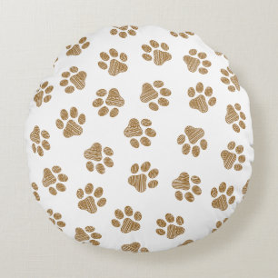Doodle Paws, Dog Paws, Orange Gold Paws Round Cushion