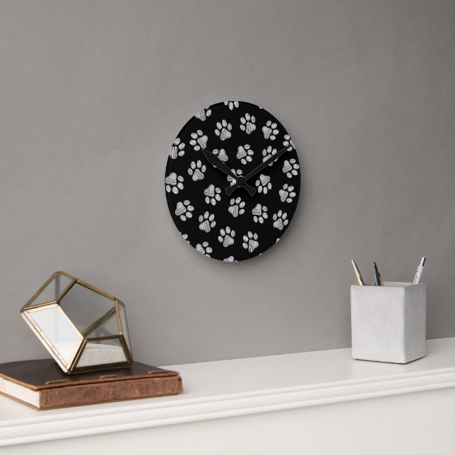 Doodle Paws, Dog Paws, White Paws Round Clock (Office)