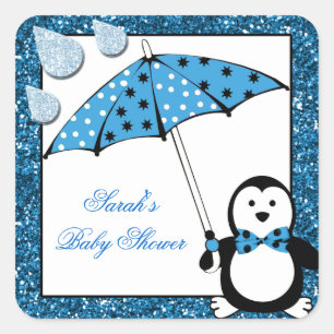 Doodle Penguin Boy Baby Shower Square Sticker