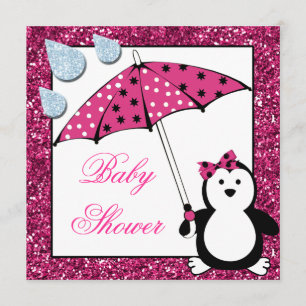 Doodle Penguin Girl Baby Shower Invitation