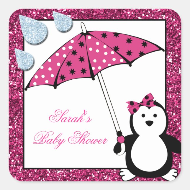 Doodle Penguin Girl Baby Shower Square Sticker (Front)