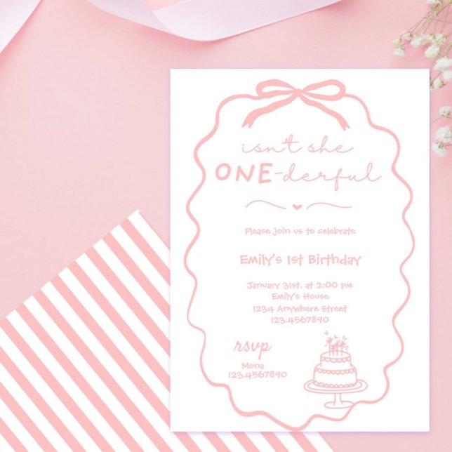 Doodle Pink Bow Baby Girl 1st Birthday Coquette Invitation (coquette bow, pink bow, watercolor, hand drawn, pink coquette, blush,  baby girl, first birthday inv)