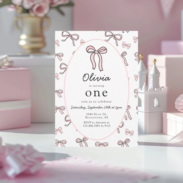 Doodle Pink Bow First Birthday  Invitation (Creator Uploaded)