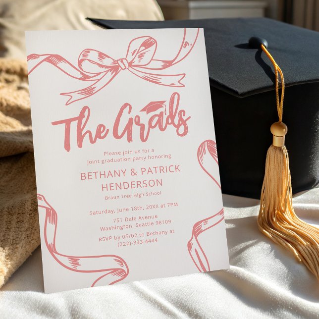 Doodle Pink Bow Joint Graduation Party Invitation (Creator Uploaded)