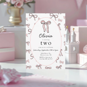 Doodle Pink Bow Second Birthday Invitation