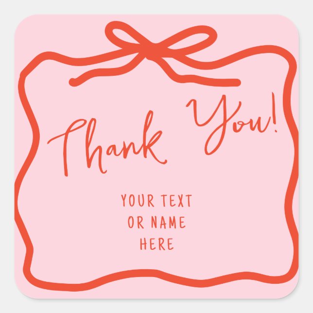 Doodle Pink Red Bow Thank You Typography Square Sticker (Front)