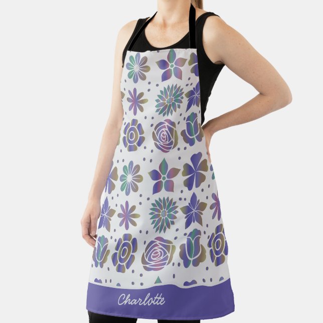 Doodle purple floral pattern personalised name apron (Insitu)