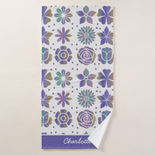 Doodle purple floral pattern personalised name bath towel