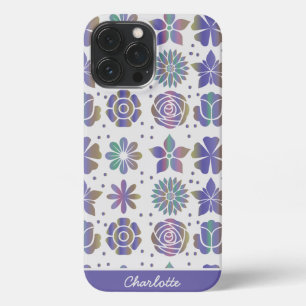 Doodle purple floral pattern personalised name iPhone 13 pro max case