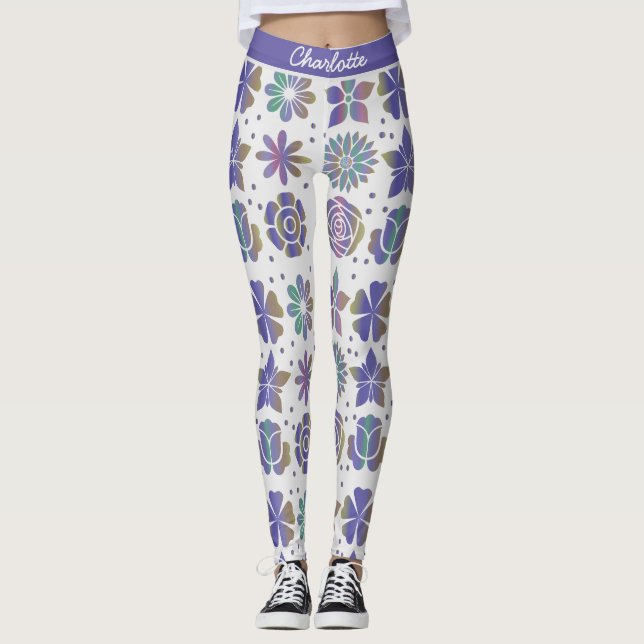 Doodle purple floral pattern personalised name leggings (Front)