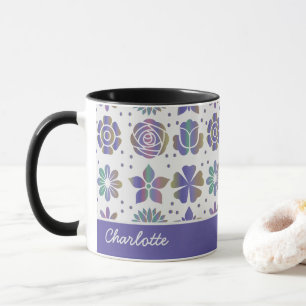Doodle purple floral pattern personalised name mug