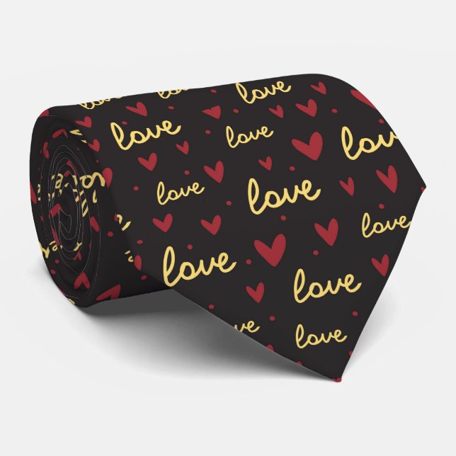 Doodle red gold heart love pattern tie (Rolled)