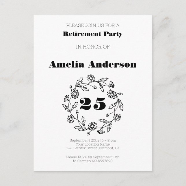 Doodle retirement modern flower black postcard (Front)