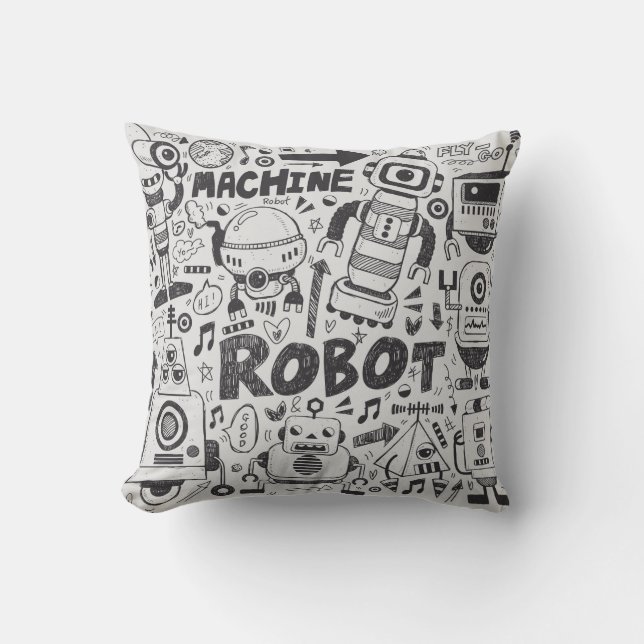 doodle robot element, illustrator line tools drawi cushion (Front)