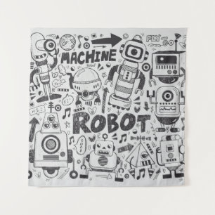 Doodle Robot Illustrator Drawing Tapestry