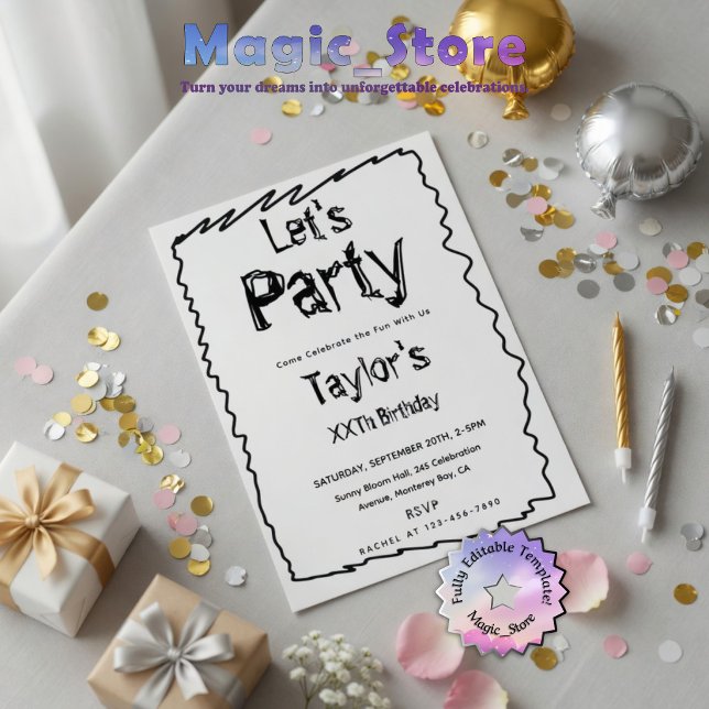 Doodle Scribble Hand Drawn Black & White Birthday Invitation (Creator Uploaded)