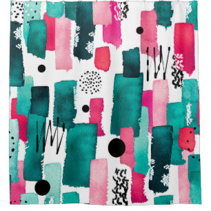 Doodle Seamless Pattern of Watercolor Pink and Gre Shower Curtain