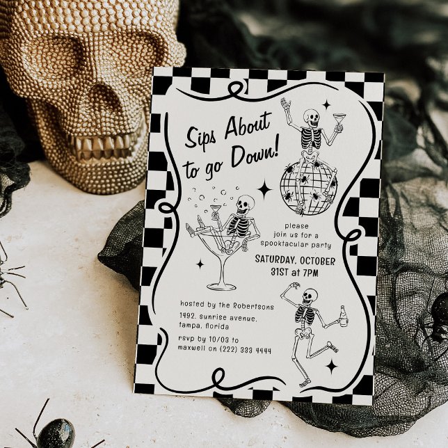 Doodle Skeletons 'Sips About to go Down' Halloween Invitation (Creator Uploaded)