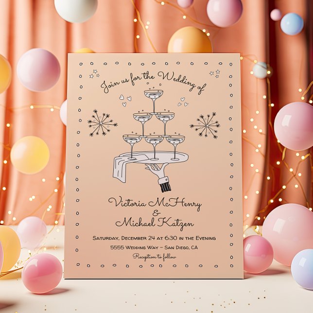 Doodle Sketch Funky Champagne Wedding Invitation (Creator Uploaded)