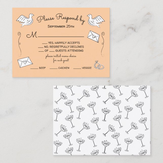 Doodle Sketch Funky love birds wedding rings RSVP Business Card (Front/Back)