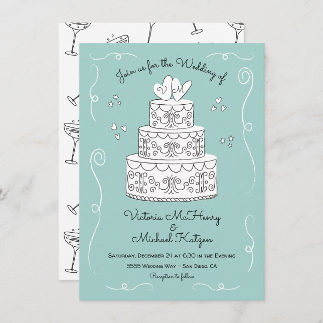 Doodle Sketch Funky Wedding Cake Invitation (Front/Back)