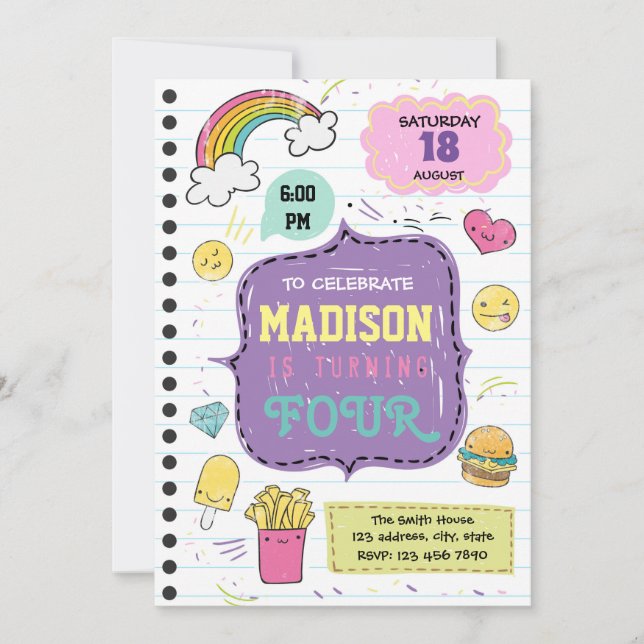 Doodle sleepover party invitation (Front)